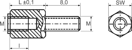 Abstandsbolzen IA M4 M4x8 SW8 L=61 mm Zeichnung