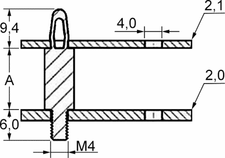 Leiterplattenhalter M4, L=65 mm Zeichnung