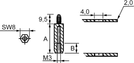 Leiterplattenhalter M3, L=61 mm Zeichnung